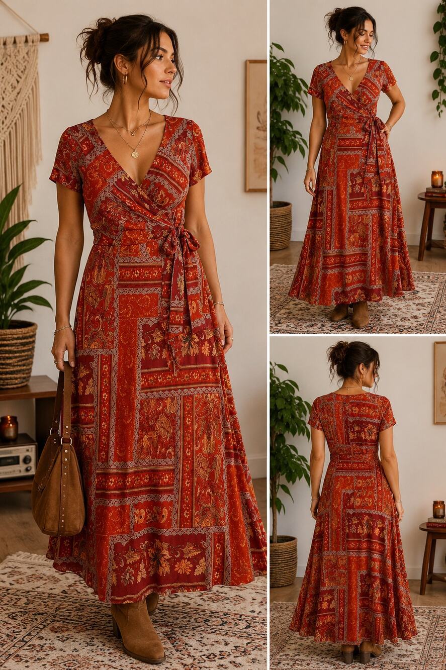 Anthropologie Style Boho Patchwork Wrap Maxi Dress Red Orange Paisley Size 10